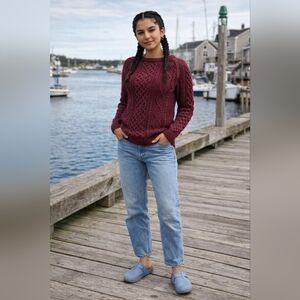 L.L.‎ Bean Signature Cotton Fisherman Cableknit Granola Girl Sweater Red Women